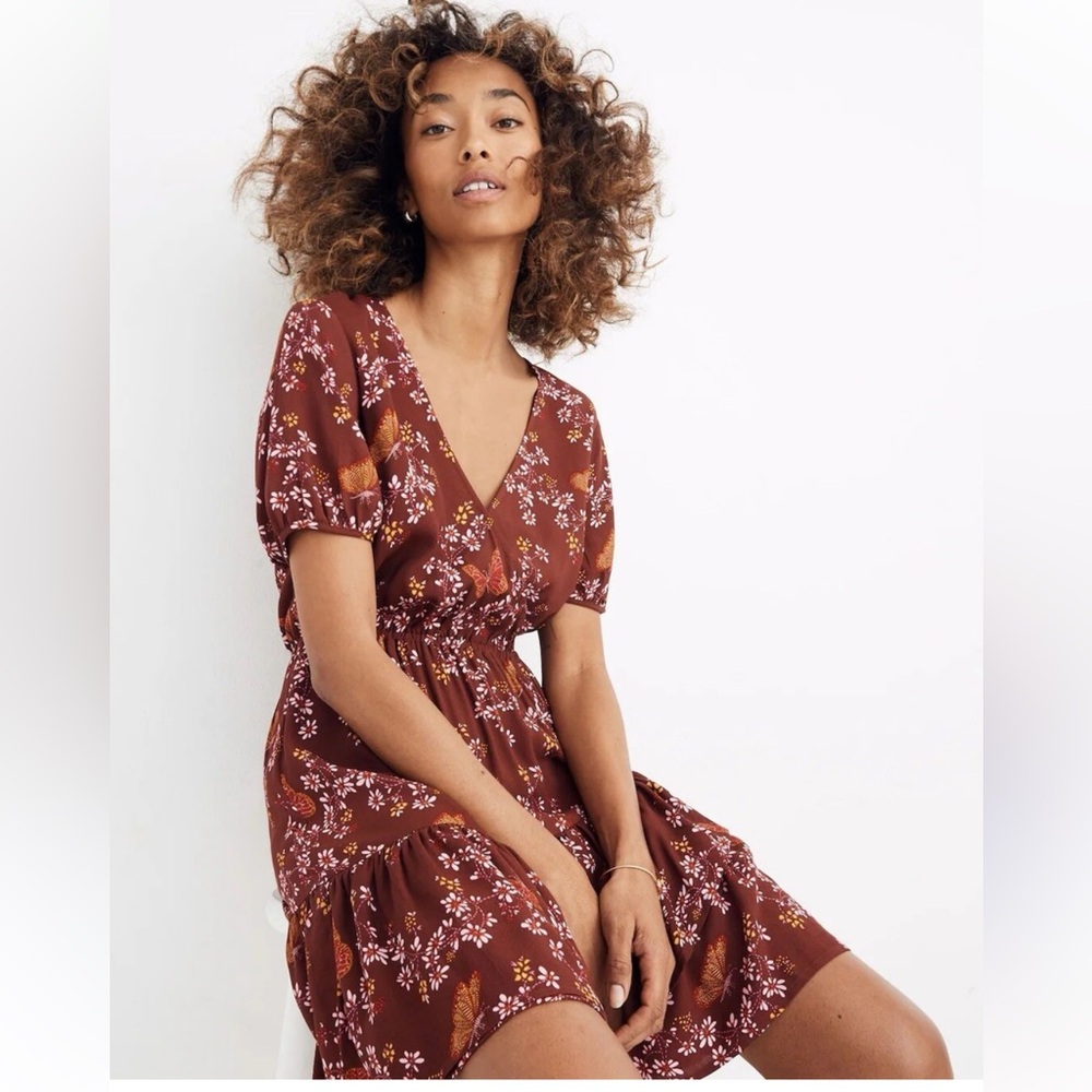 Madewell Floral Puff-Sleeve Midi Dress - Brown